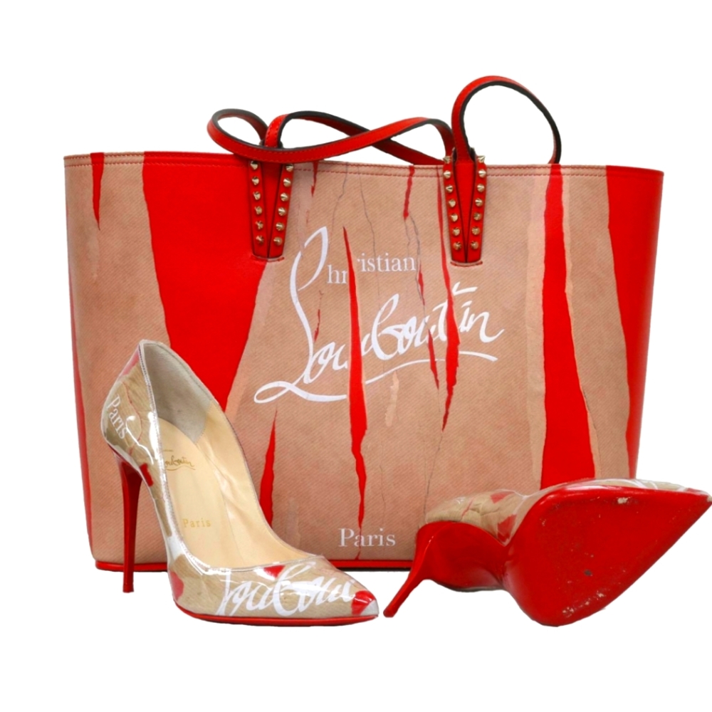 Christian Louboutin Cabata Kraft Loubicalf Paris Tote & Pumps size 38 (SET)